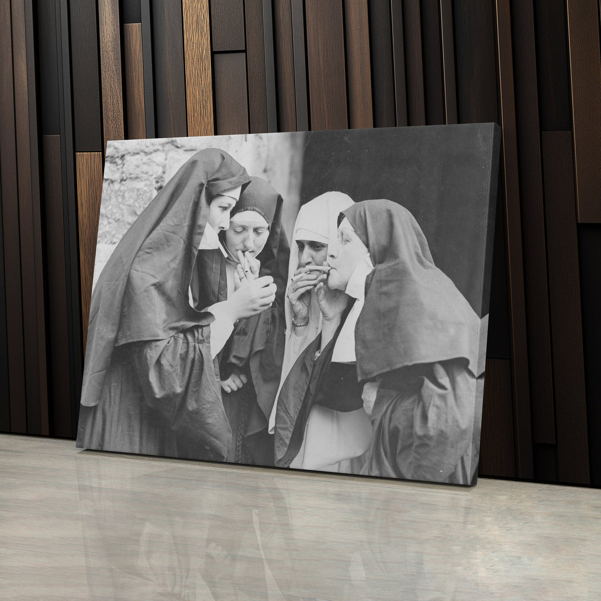 Smoking Nuns Canvas Wall Art - Funny Religious Wall Decor Print